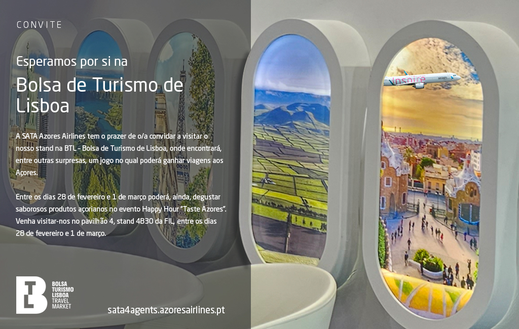 Convite. Esperamos por si na Bolsa de Turismo de Lisboa. A SATA Azores Airlines tem o prazer de o/a convidar a visitar o nosso stand na BTL - Bolsa de Turismo de Lisboa, onde encontrará, entre outras surpresas, um jogo no qual poderá ganhar viagens aos Açores. Entre os dias 28 de fevereiro e 1 de março poderá, ainda, degustar saborosos produtos açorianos no evento Happy Hour "Taste Azores". Venha visitar-nos no pavilhão 4, stand 4B30 da FIL, entre os dias 28 de fevereiro e 1 de março.